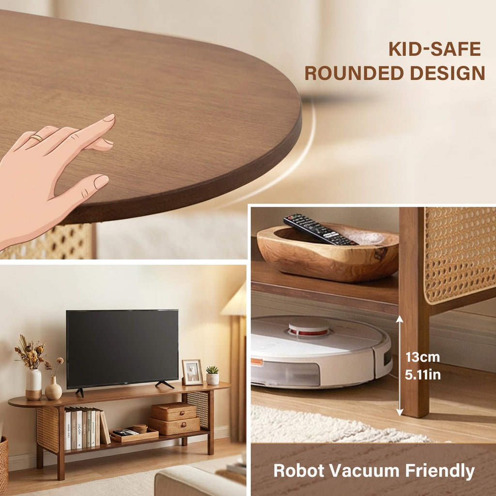 Walnut Rattan TV Stand for 65'' TV, Media Console, 2 Open Shelves