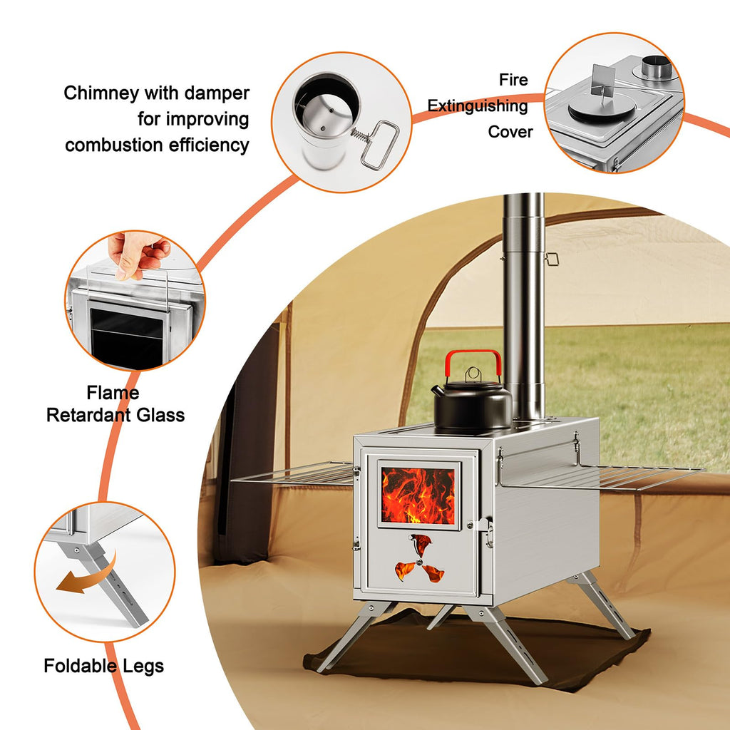 Wood Stove, Hot Tent Stove Camping Portable Stainless Steel Wood Burning Stove with 7 Chimney Pipes for Wall Tent