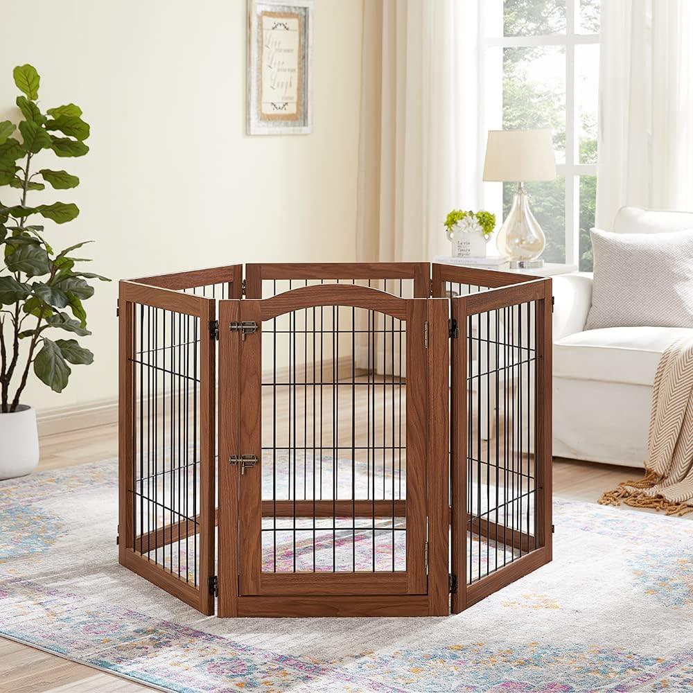 Extra Wide Pet Gate, 6-Panel Freestanding Dog Barrier with Door