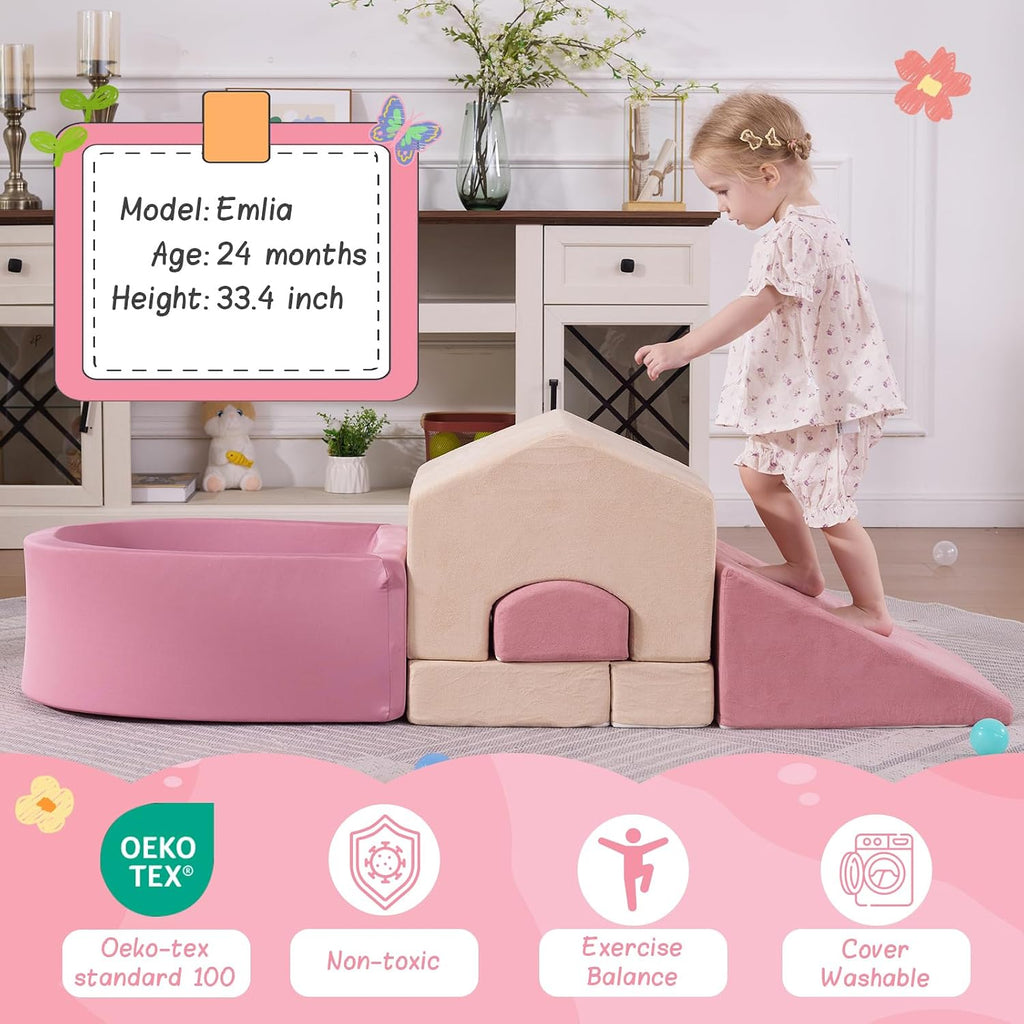 Piece Foam Climbing Blocks for Toddlers with Ball Pit,Pink & Beige