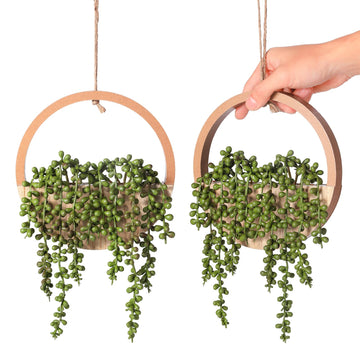 2pcs Fake Hanging Plants Artificial Succulents Wooden Hanging Planter Artificial String of Pearls with Pot and