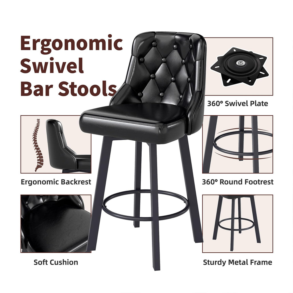 Set of 6 26" Tufted Modern Counter Height Barstools, Black