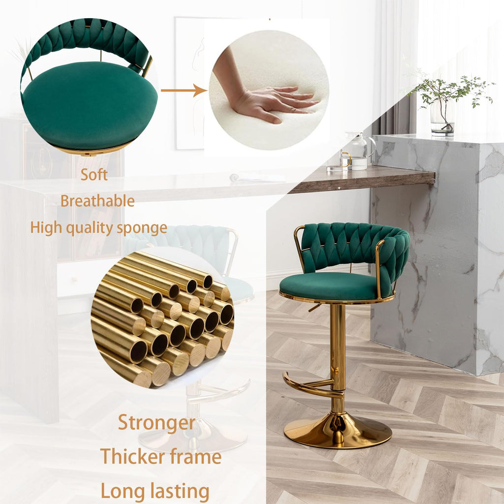 Velvet Bar Stools Set of 3, Counter Height Barstools with Low Back, Gold Swivel Bar Stool Island, Pub (Green)