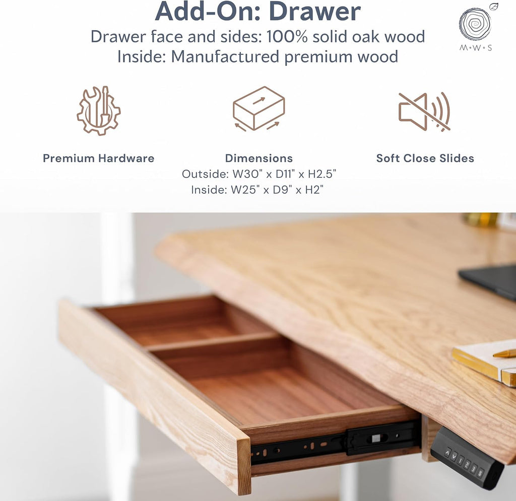 White Oak Solid Wood Standing Desk with Drawer, 60x27 | Live Edge Sit Stand Desk with Electric Adjustable Height Dual