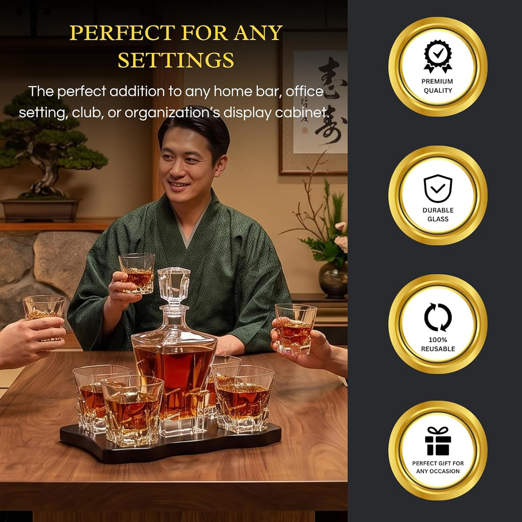 Ridge Japanese Crystal Whisky Decanter Set with 4 Tumbler Glasses, Lead-Free Liquor Carafe & 10oz Rocks Glasses