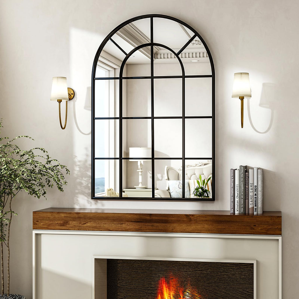 30"x 40" Windowpane Arched Wall Mirror with Metal Frame, Black