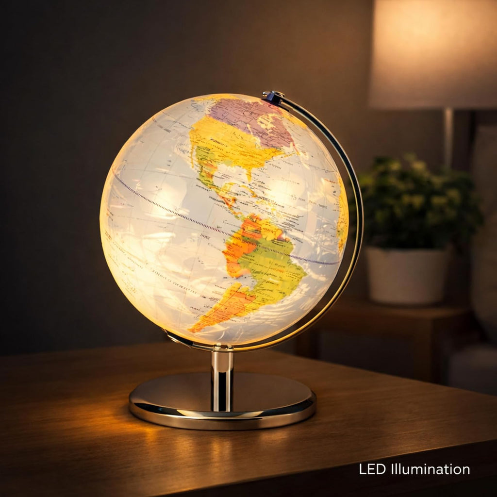 LED Illuminated World Globe with Chrome Rotating Stand - Desk Display Globe with Lighted Map, Metal Base, Plug