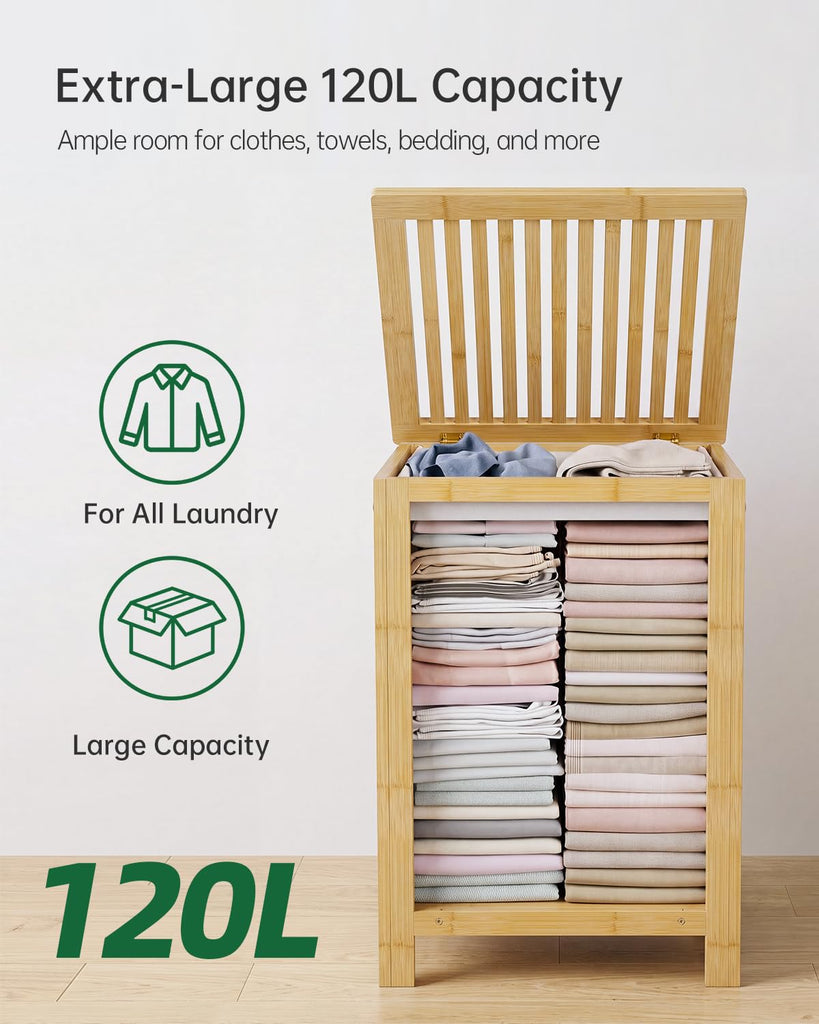 Double Laundry Hamper with Lid, 120L Bamboo Laundry Basket with Removable Liner Bag, 2-Section Clothes Divider