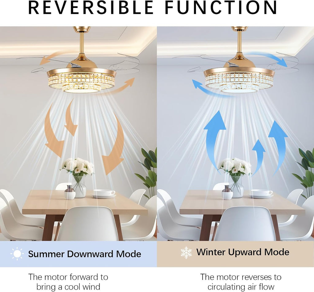 42" Retractable Ceiling Fans with Lights, Crystal Chandelier Ceiling Fan with Remote & APP Control, Modern Dimmable