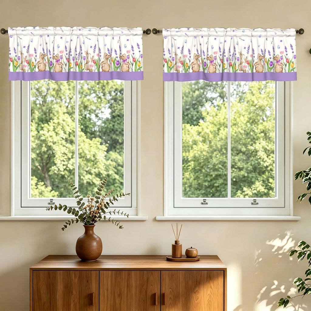Easter Rabbit Curtain Valance Lavender Floral Short Kitchen Valances 2 Panel Rod Pocket Blackout Drapes Dining Room