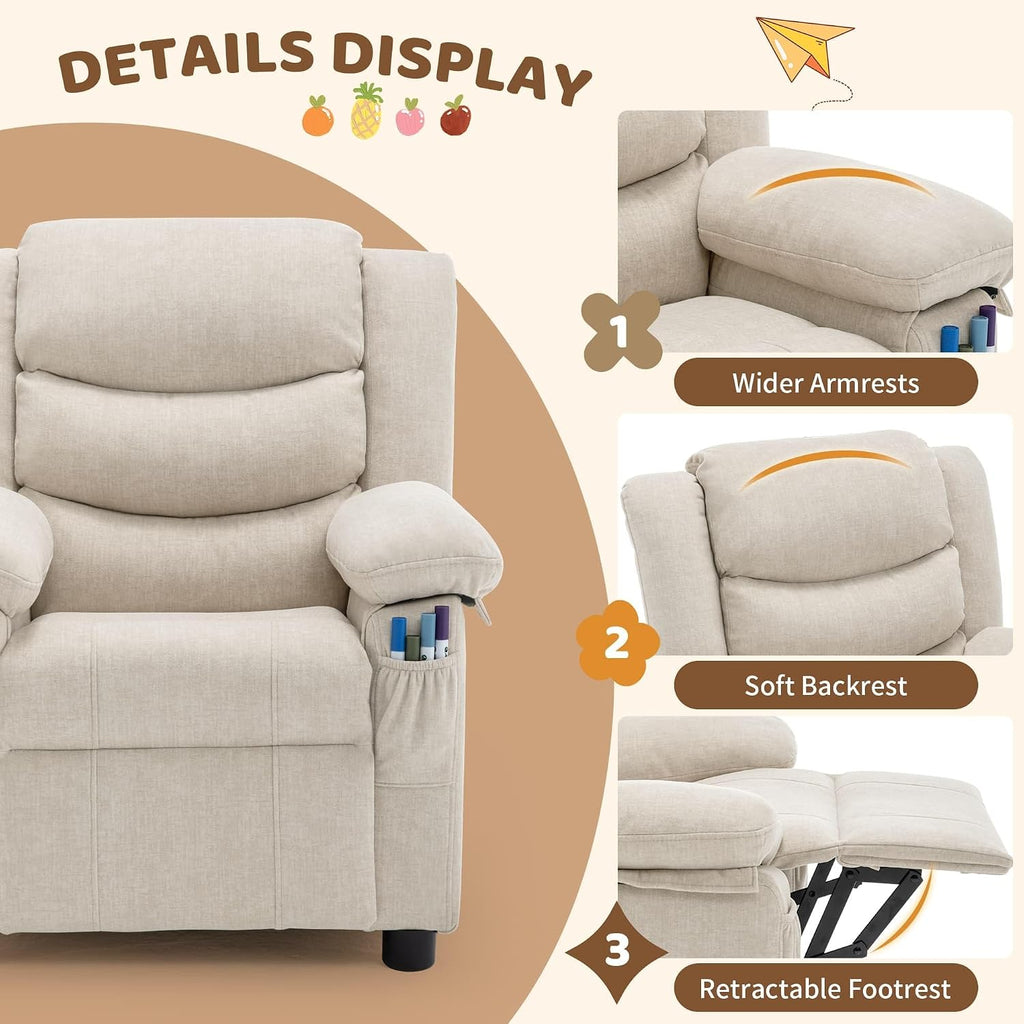 Kids Recliner Chair, Push Back Toddler Recliners with Side Pockets, Child Recliner with Footrest, Cashmere Fabric Kid