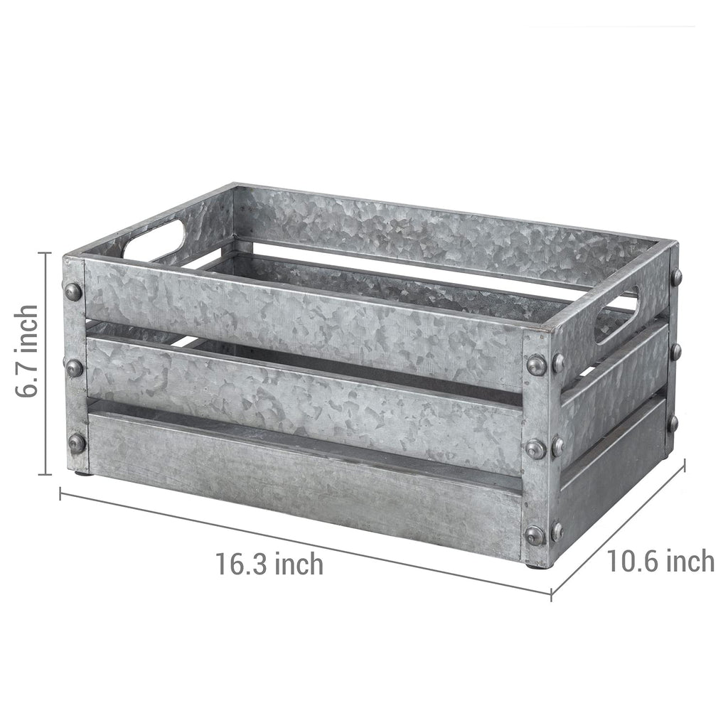 16-inch Rustic Silver Galvanized Metal Storage Crate Display Box with Vintage Corner Studs & Handles