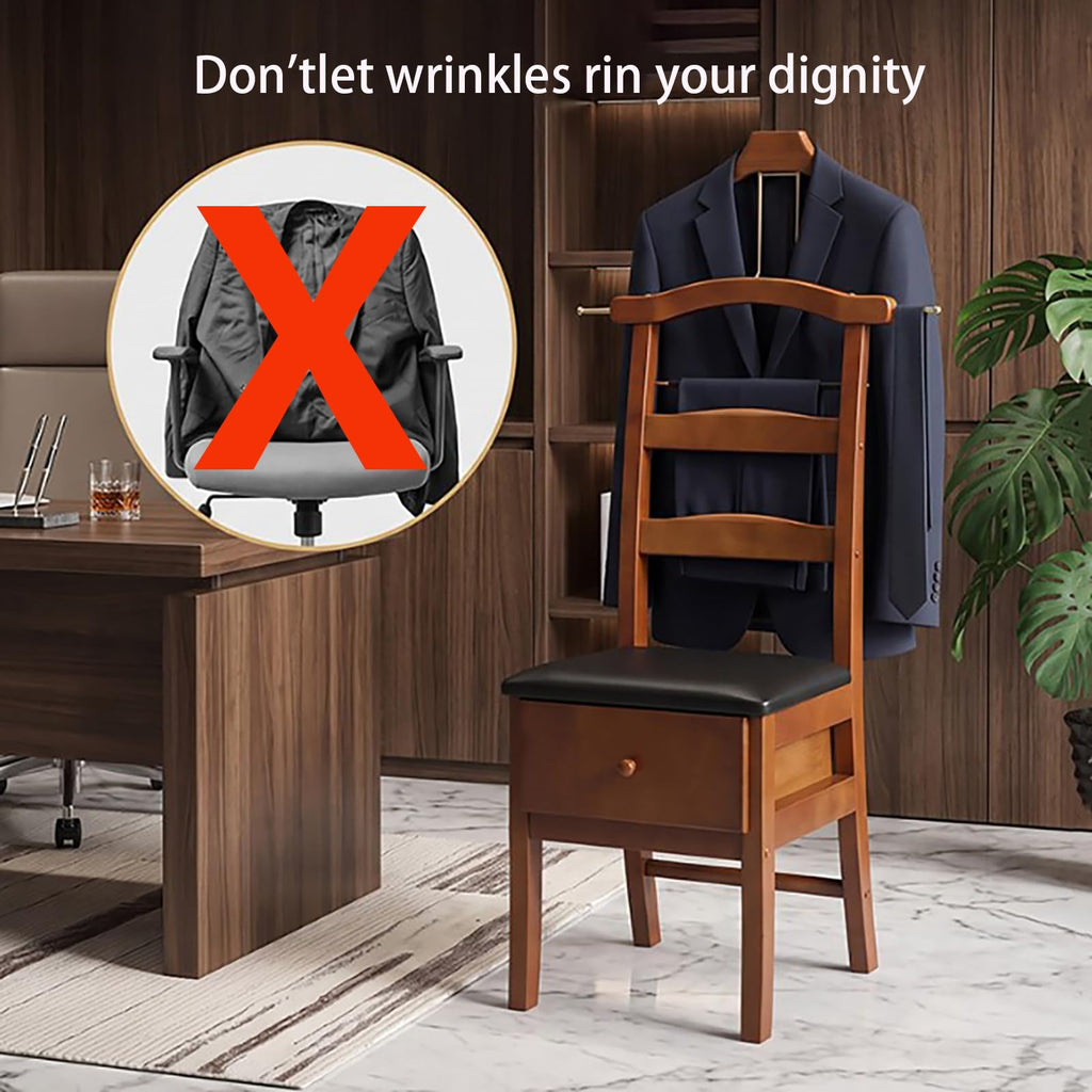 Wooden Chair Valet Stand with Contour Hanger and Drawer