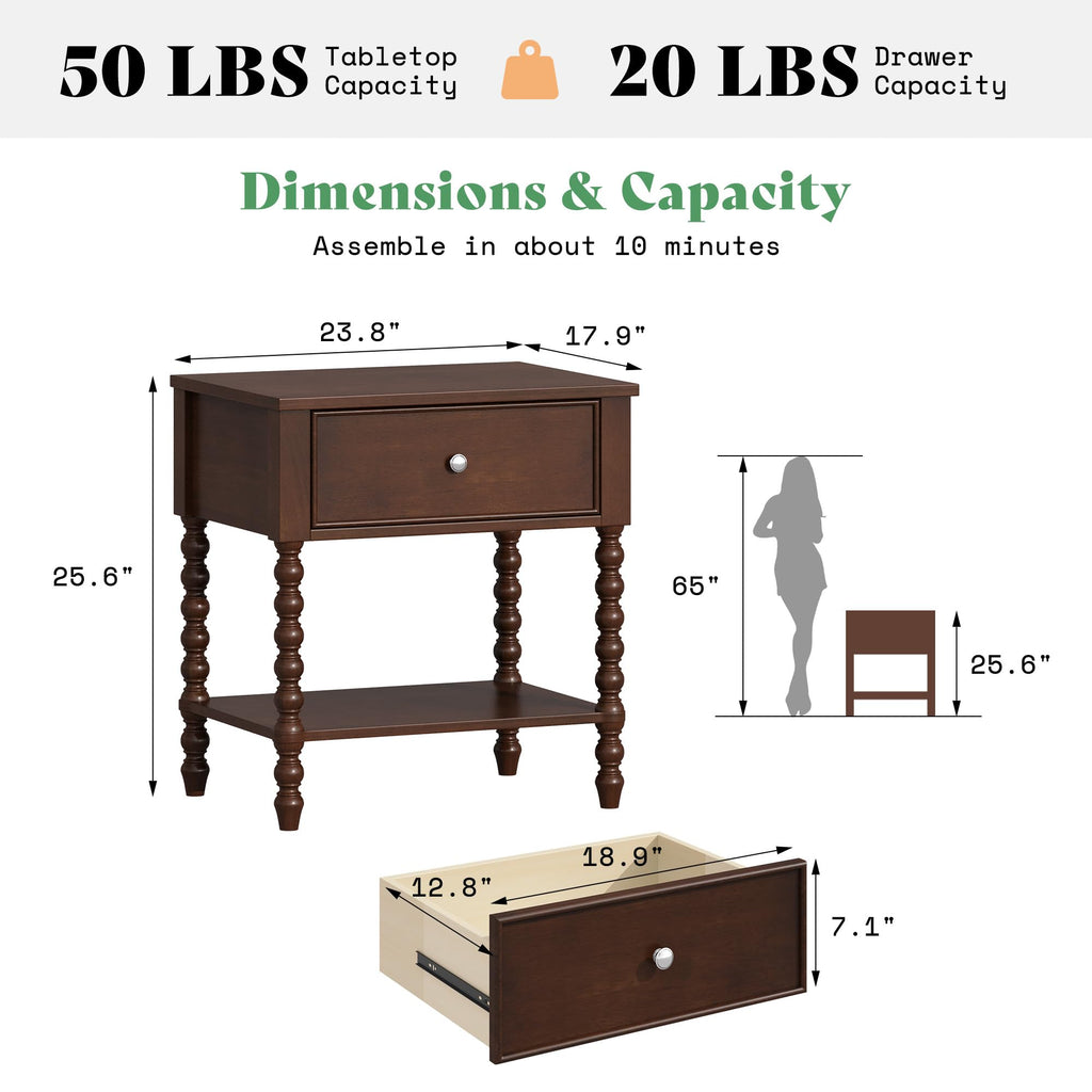 Walnut Nightstand Set of 2, Solid Wood Bedside Table, Dark 24"