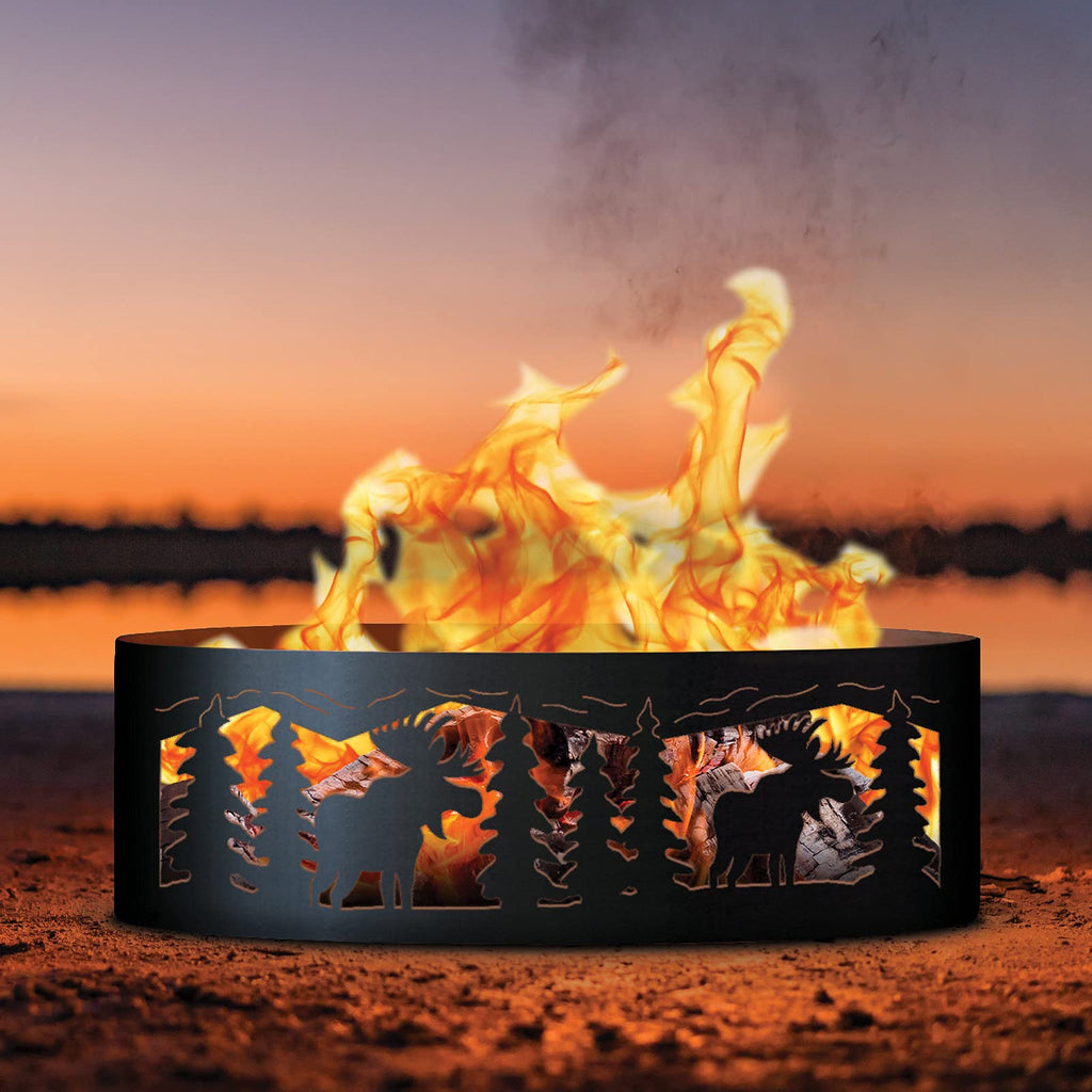 Moose Unpainted 12 in. Tall 30 in. Diameter Outdoor Fire Ring with Fire Poker - 30 x 30 x 12 in. - Rustic