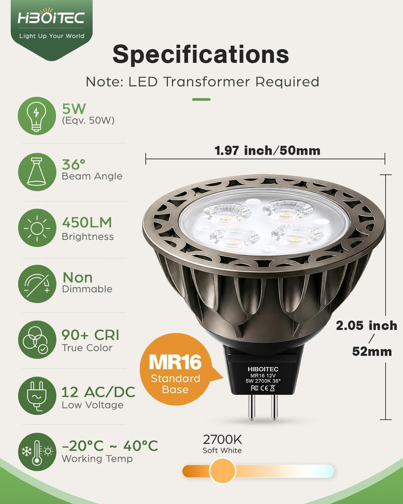 MR16 LED Bulb 2700K Warm White, GU5.3 Bulbs Non-Dimmable, 6 Pack