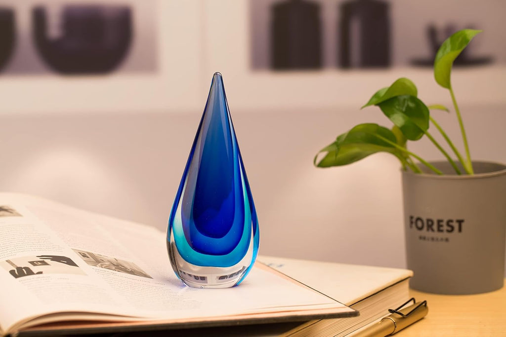 Glass Sculpture Hand-Blown Murano-Style Glass Statue and Figurine, Blue Teardrop Decor