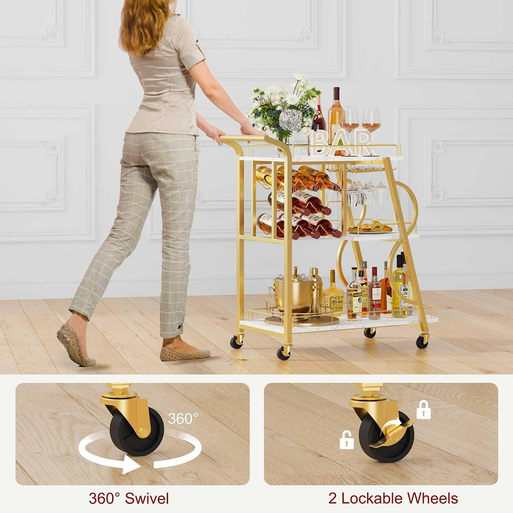 Bar Cart, Gold Bar Carts for The Home, Serving Cart with Wine Glass Holder, 3-Tier Drink Carts with Wheels, Rolling