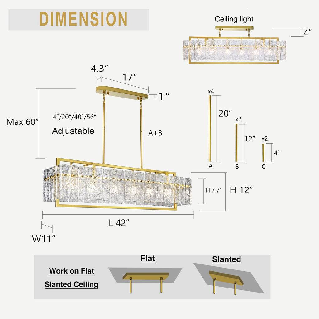 Modern Rectangle Gold Crystal Chandeliers, 42" Large Rectangular Water Ripple Glass Island Light Fixture, Elegant