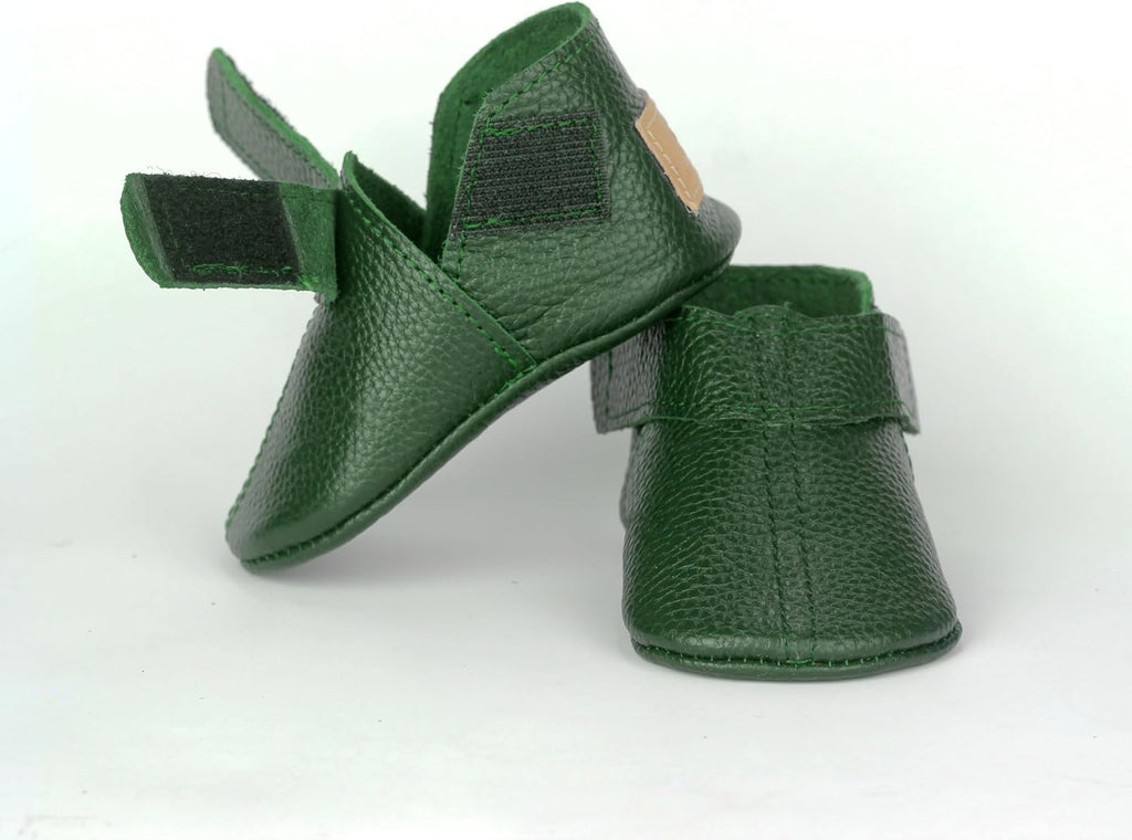 Handmade Genuine Leather Baby Shoes, Soft Sole Infant Moccasins, Emerald Green Toddler Booties, Newborn First Walker