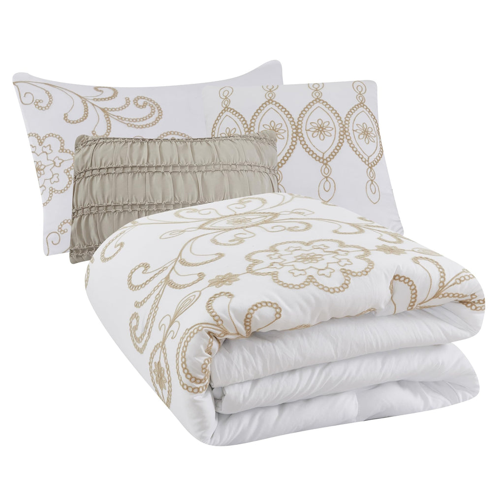 Sabrina Embroidered Comforter Set - 5 Piece White Bed Set with Gold Detailing, Decorative Pillows & Shams