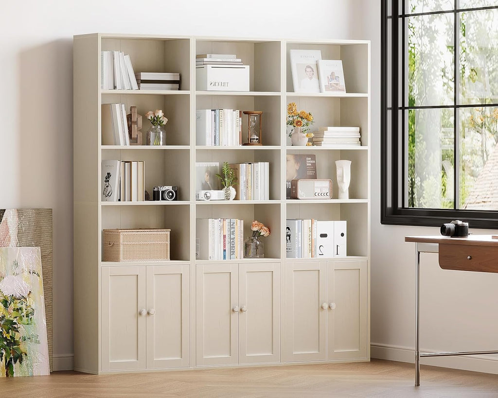Bookshelf and Bookcase with Doors, Floor Standing 6-Tier Shelf Display Storage Shelves, Tall Bookcases, White