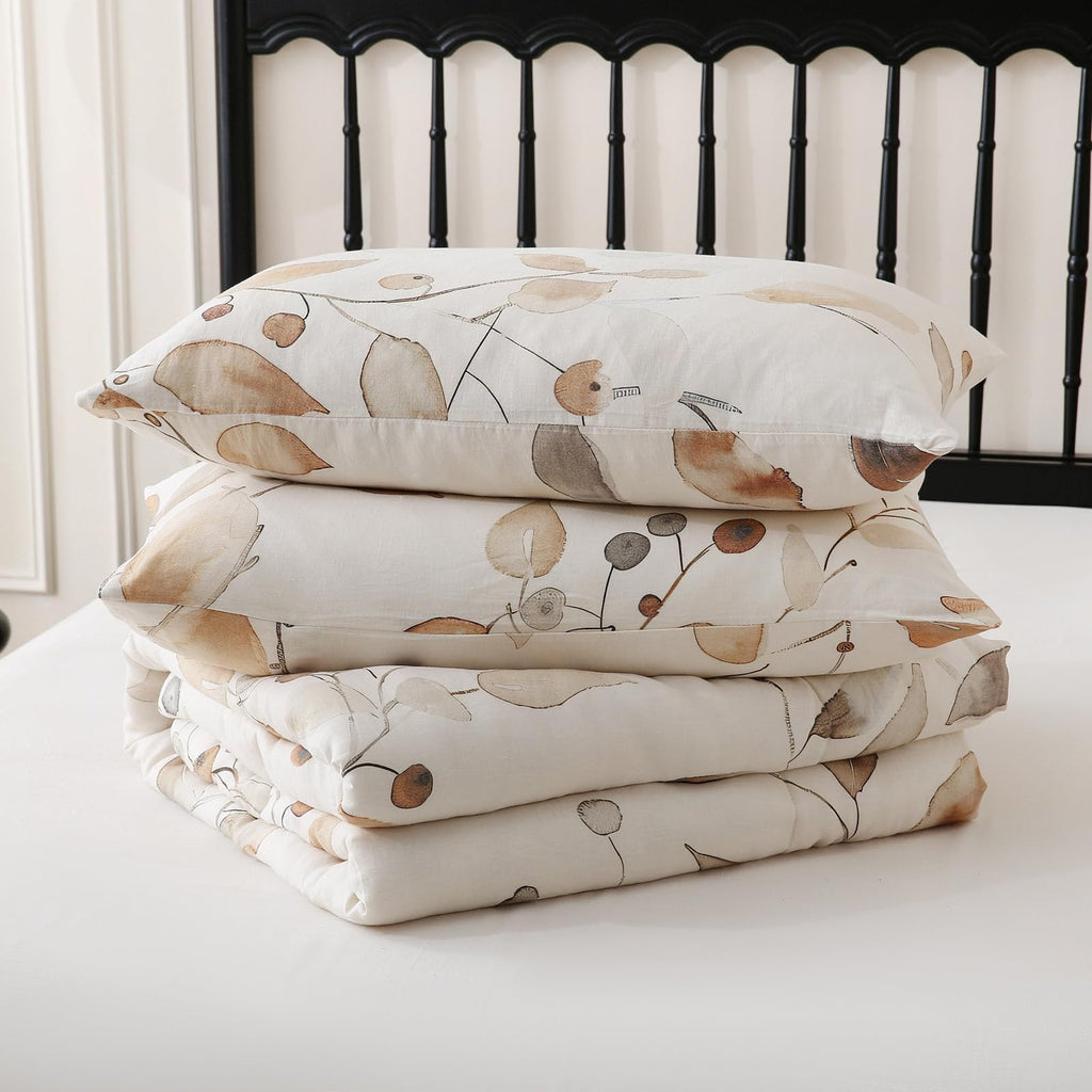 Linen Leaves Comforter Set Queen Size 3 Pieces Natural French Flax Linen Bedding Soft Breathable Moisture Wicking