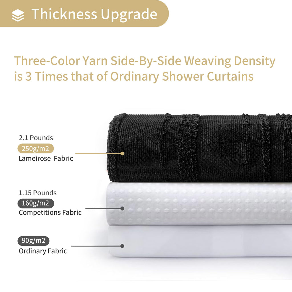 Extra Long Black Shower Curtain Boho, 72 x 84 Cotton Blend Waffle Weave Stripe Textured Heavy Duty, Fabric Shower