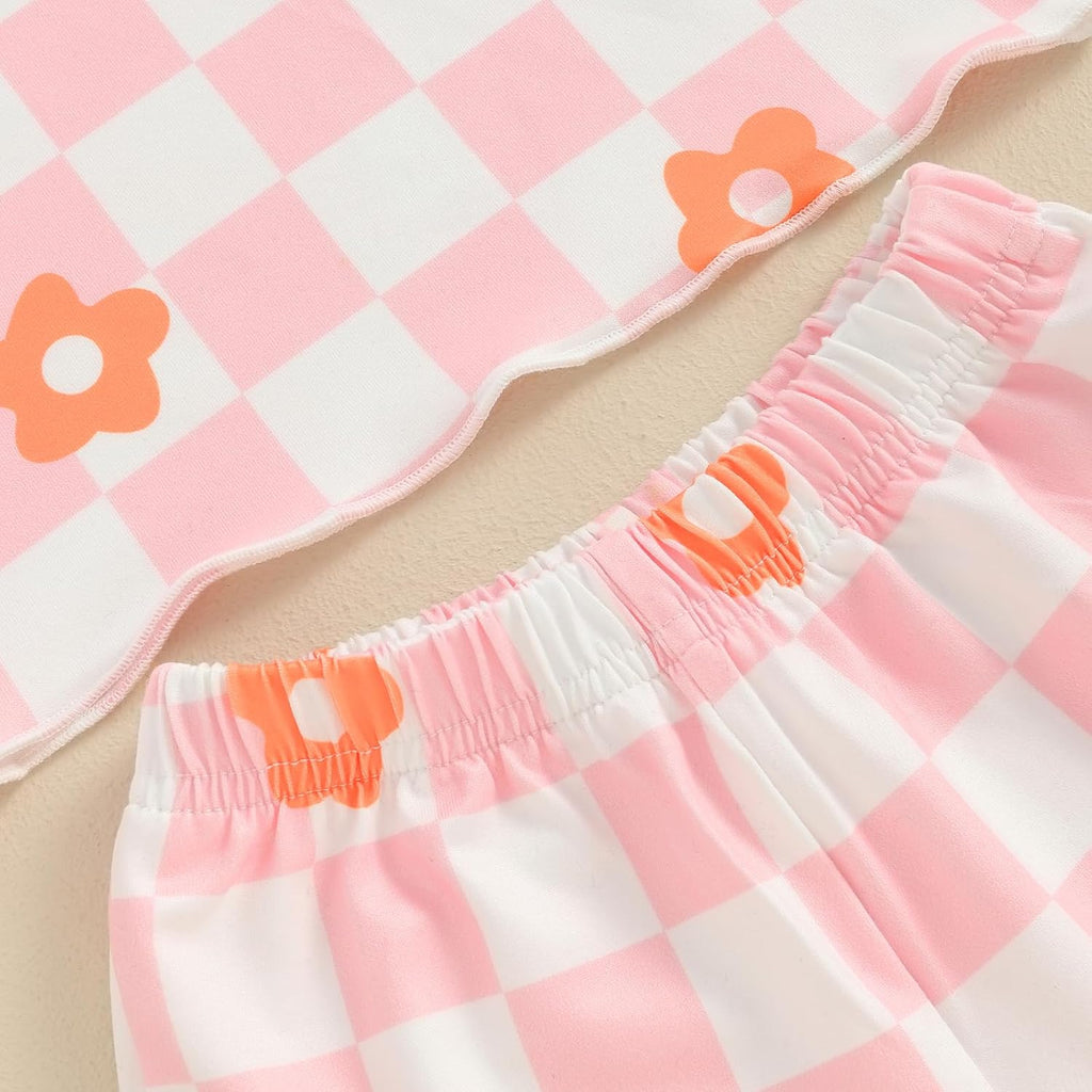 Toddler Girl Clothes Floral Plaid T-Shirt & Elastic Waistband Shorts Summer Outfits for Girls