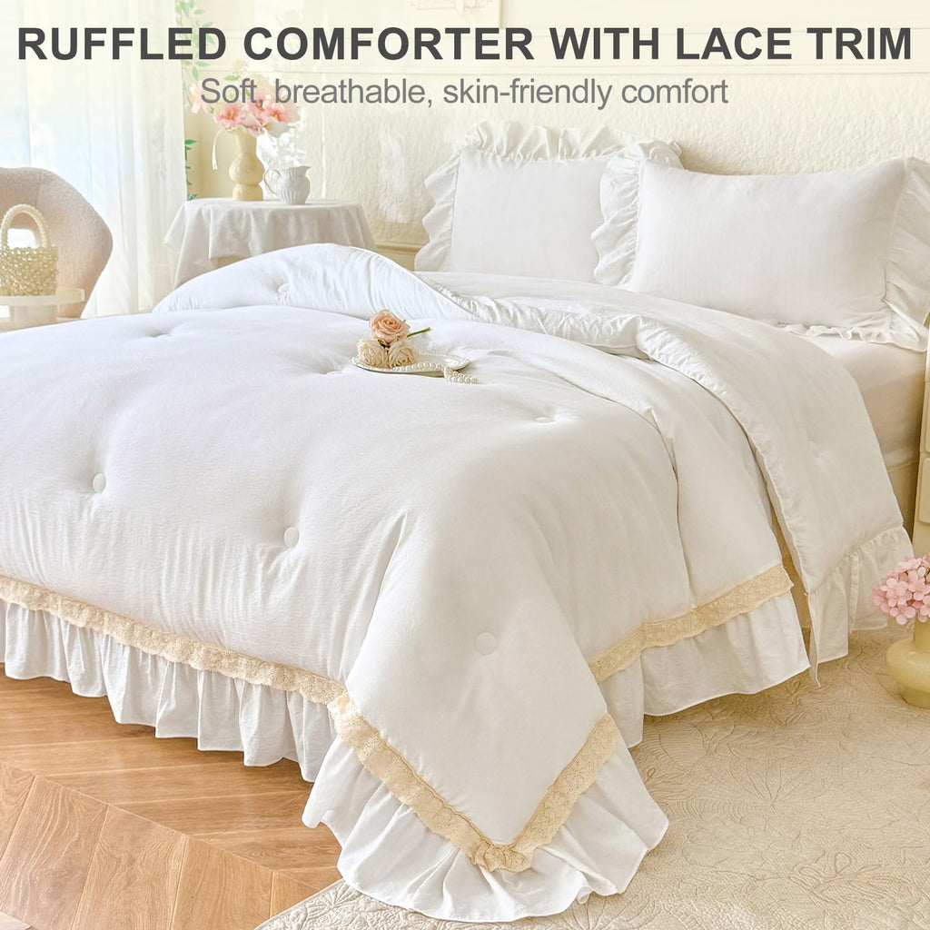 Ruffle Comforter Set 3 Piece - White Boho Farmhouse Bedding with Lace Trim & Pintuck Details (80"x90")