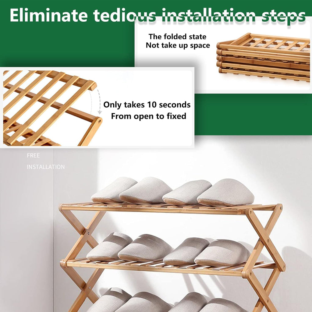 4 Tier Bamboo Shoe Rack, Portable Folding Shoe Storage Rack, Without Installation Small Shoe Rack Perfect for