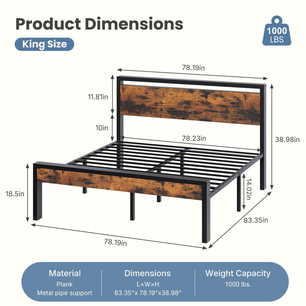 Bed Frame with Wood Headboard, Rustic Platform Bed Metal