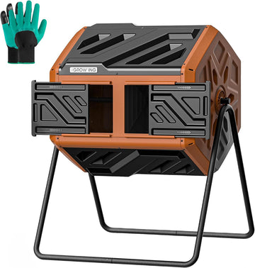 THE Growing 43 Gal Outdoor Compost Bin Tumbler for Backyard Yard, Orange | Twin 21.5gal chambers hold recycling.