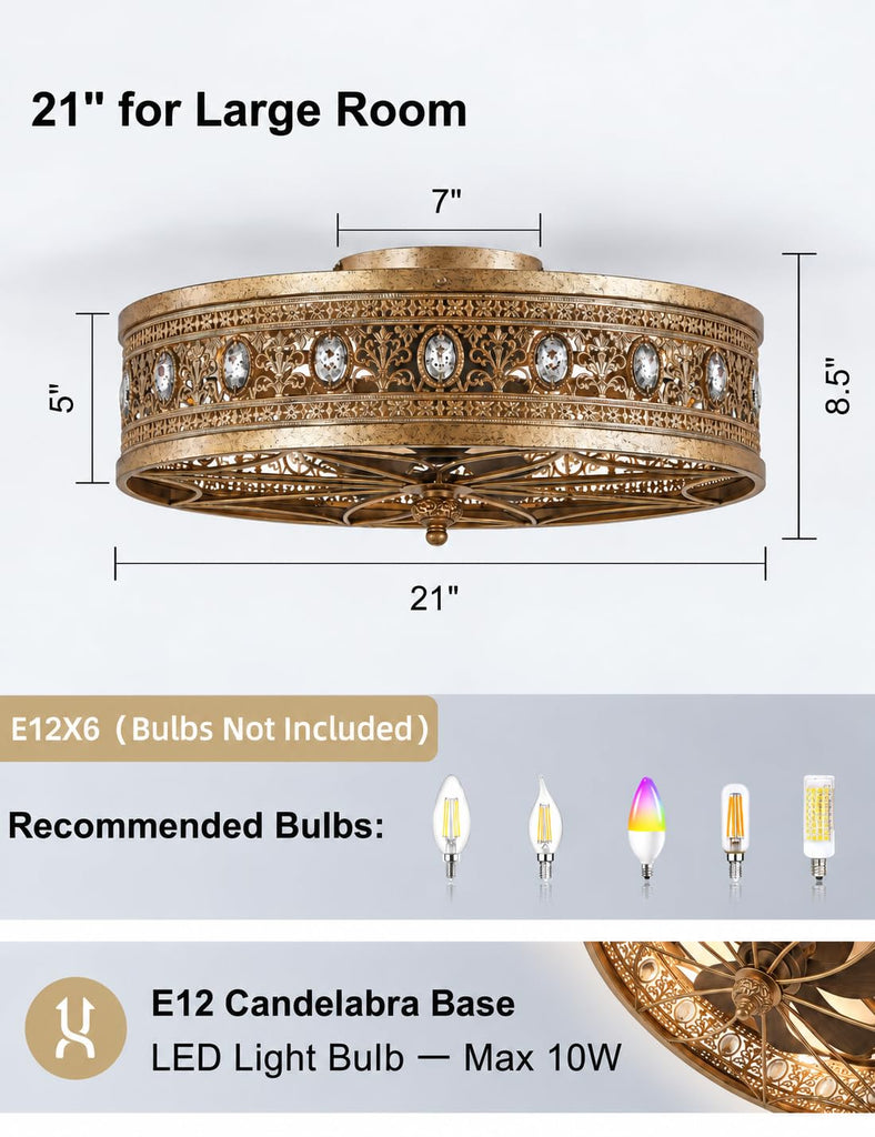 Gold Crystal Caged Ceiling Fan with Light, Flush Mount Ornate Drum Fandelier