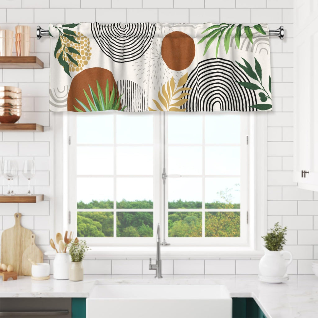 1 Pack Boho Leaf Window Valance Drapes Mid Century Tropical Plant Kitchen Valances 54"x18" Minimalist Abstract