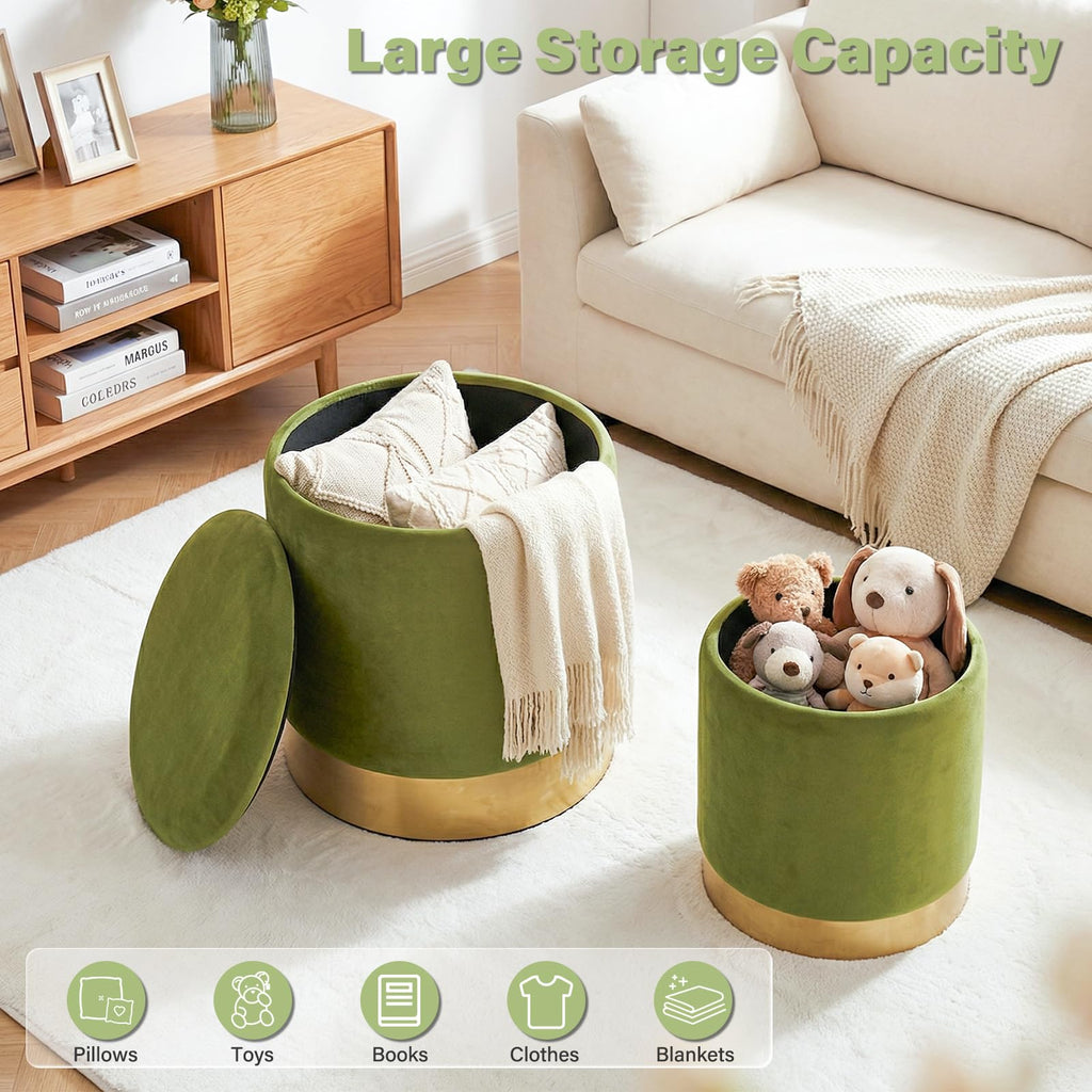 Round Ottoman with Storage Set of 2, Vanity Foot Stool with Storage, Nesting Upholstered Small Ottoman Foot Rest with