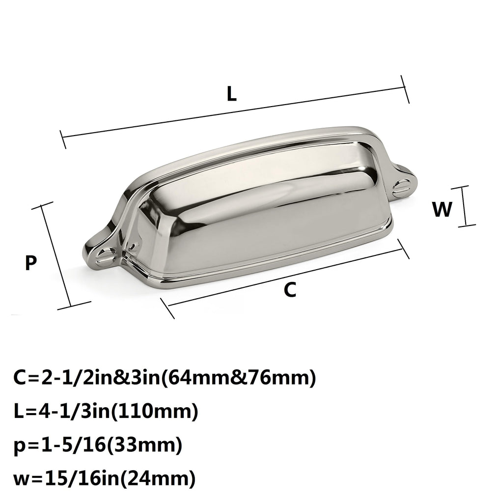 10 Pack 3 inch(76 mm) Drawer Pulls Polished Nickel Cabinet Cup Pulls Cabinet Hardware Kitchen Cabinet Handles Bin Cup