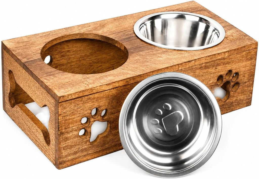 Wooden Dog Cat Pet Feeder Station Stand with 2 Stainless Steel Bowls | Raised Cat Bowl Dogs Bowl Elevated Cat Dog