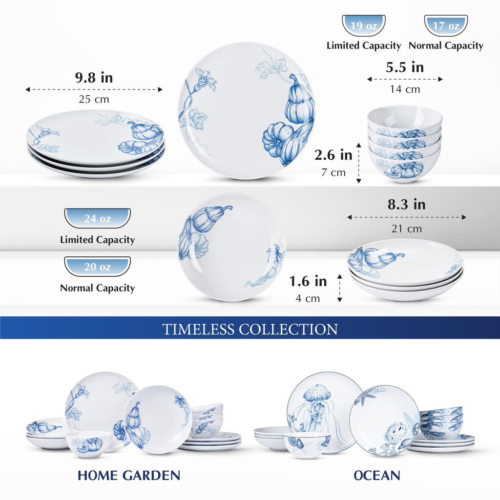 Long 12 Pcs Porcelain Thanksgiving Dinnerware Set, Pumpkins Harvest Plates and Bowls Set for 4, Fall Dishes Chip &