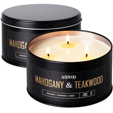 2 Pack Mahogany Teakwood Candles for Men - 3 Wick 24oz Black Candle
