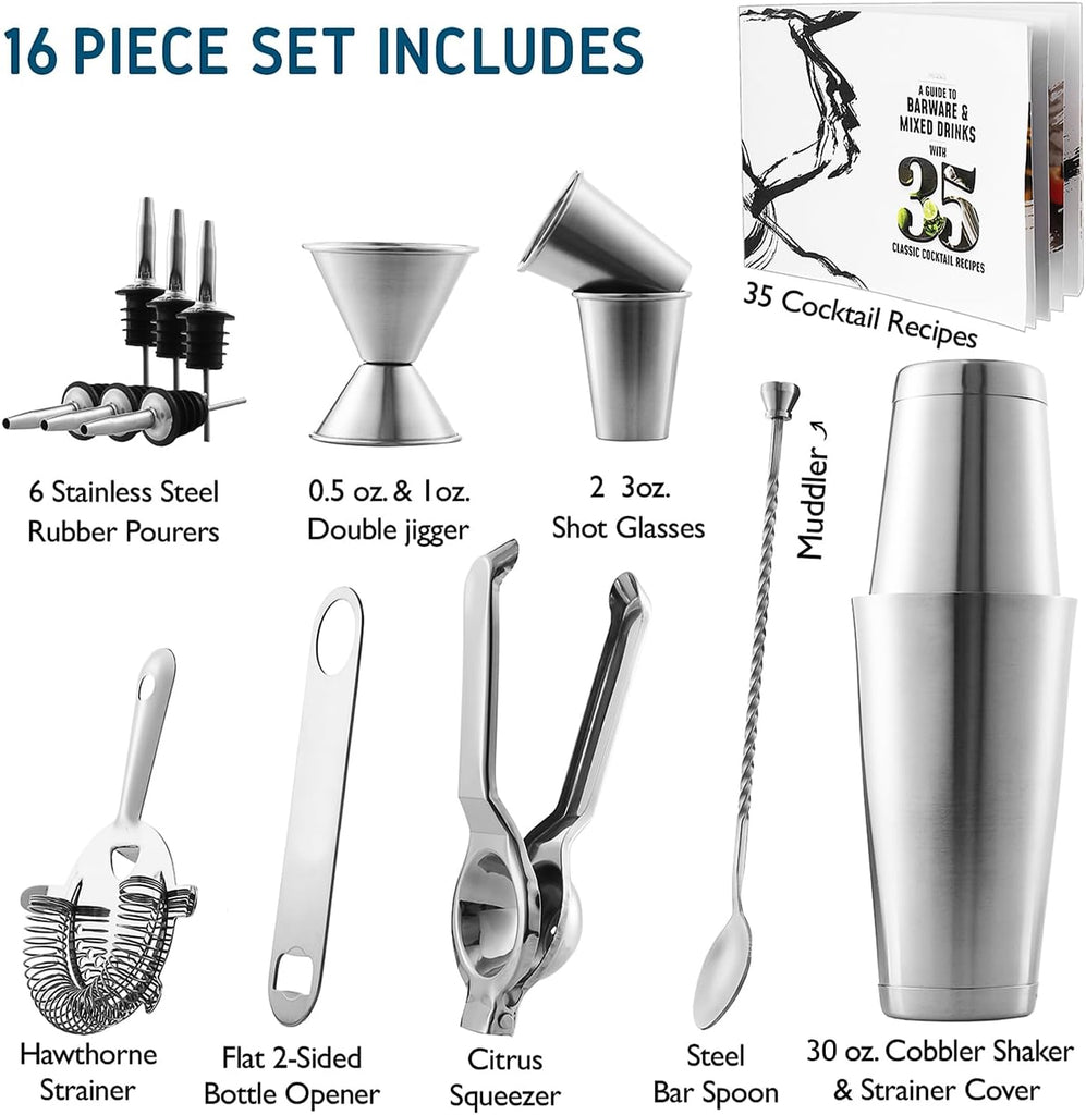 Bar Set Cocktail Shaker Set, Stainless Steel Mixology Bartender Kit, 16 Piece Cocktail Kit, Silver Cocktail Set, Bar