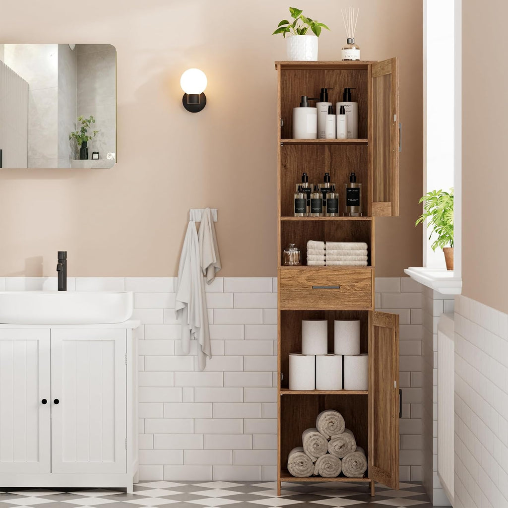 67" H Tall Bathroom Storage Cabinet with Barn Doors and Drawer | Narrow Storage Unit with Adjustable Shelves, Floor