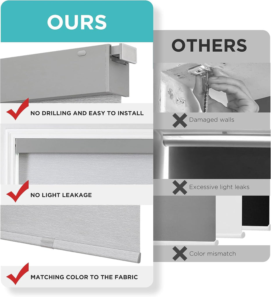 No Drill Blackout Shades, Free-Stop Cordless Roller Shades, UV Protection, Thermal Insulated Blinds for Indoor