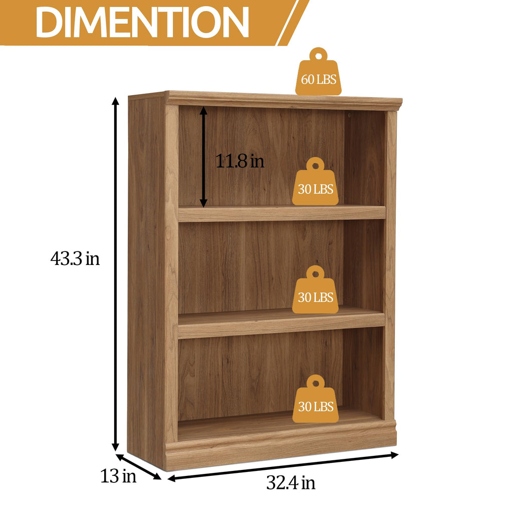 3-Shelf Bookcase Wooden Bookshelves 33in Wide Floor Standing Display Storage Shelves Oak Bookcase, Bed Room