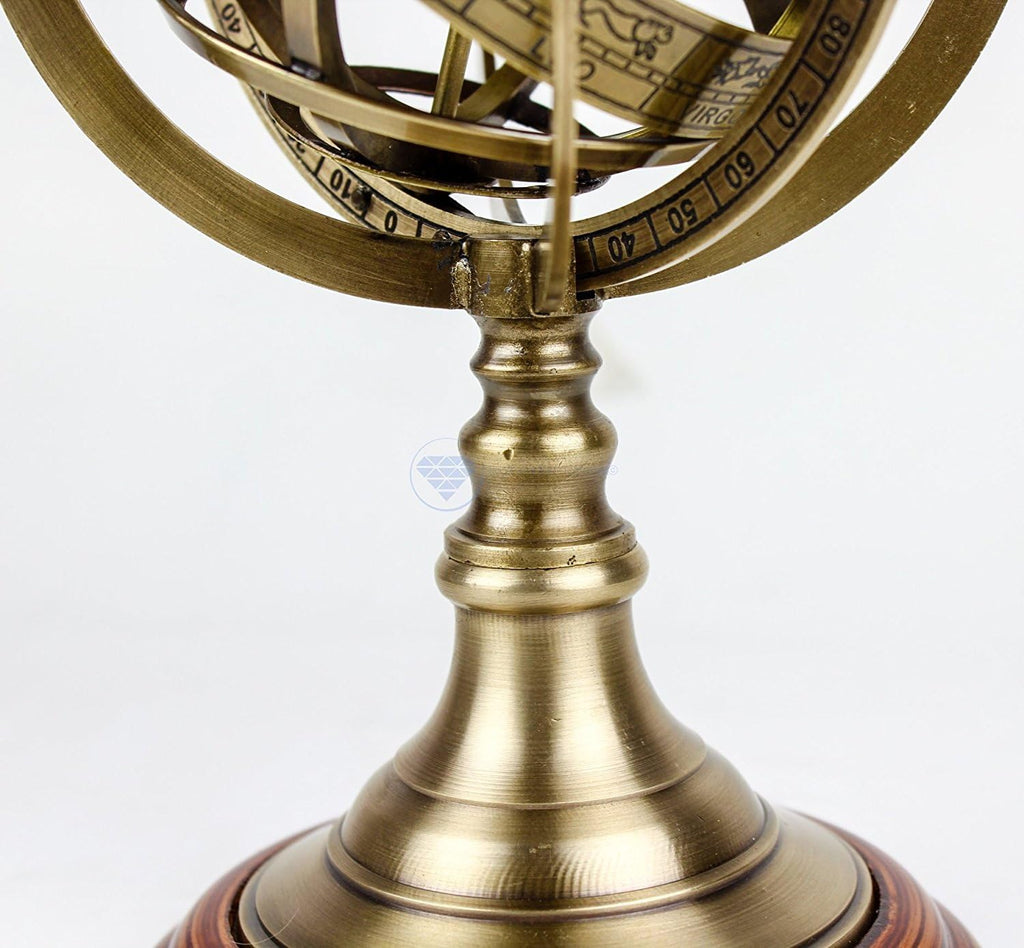 Antique Vintage Zodiac Armillary Brass Sphere Globe Wooden Display | Pirate's Antique Ship Decor | (Medium, Antique