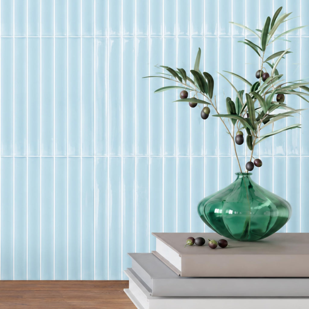 Ice Blue 6x6 Glossy Porcelain KitKat 3D Ribbed Wall Tile, Modern Nordic Textured Decorative Tile Backsplash