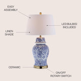 29.5" Blue/White Ceramic Table Lamp and Office, White Linen Drum Shade, Traditional Chinoiserie Ginger Jar Lamp