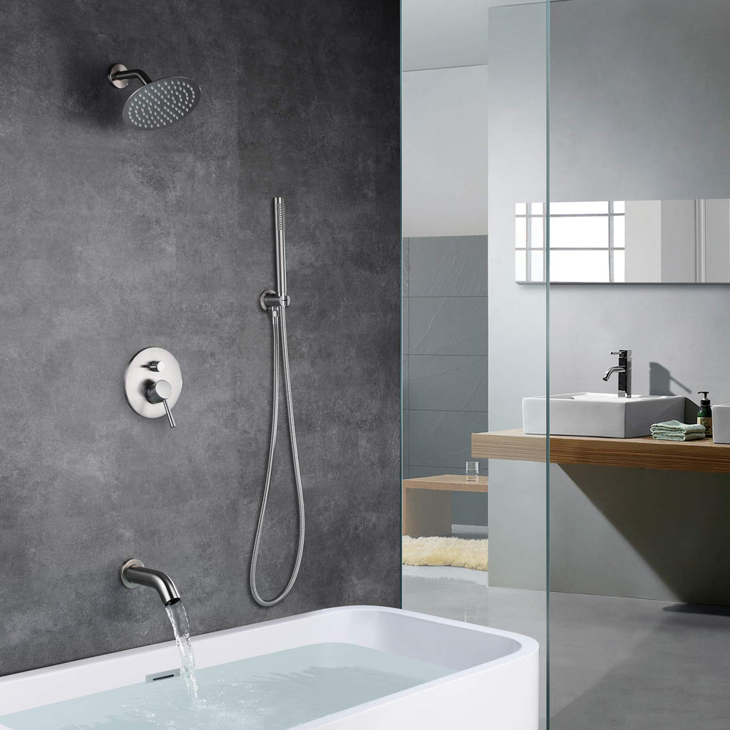Brushed Nickel Shower System with Waterfall Tub Spout