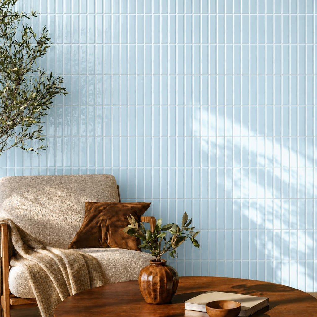 Ice Blue 6x6 Glossy Porcelain KitKat 3D Ribbed Wall Tile, Modern Nordic Textured Decorative Tile Backsplash