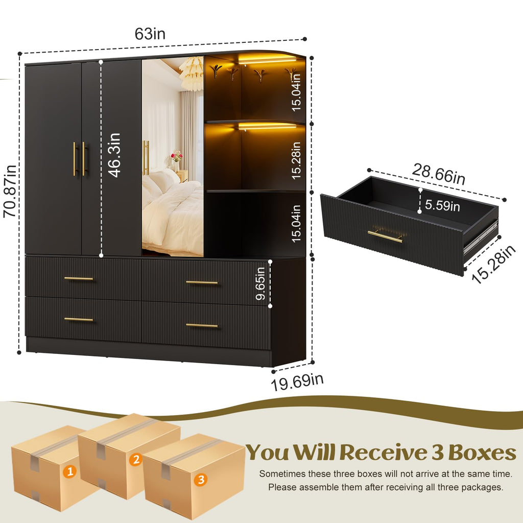 Armoire Wardrobe Closet with 3 Door, Mirror, LED Lights